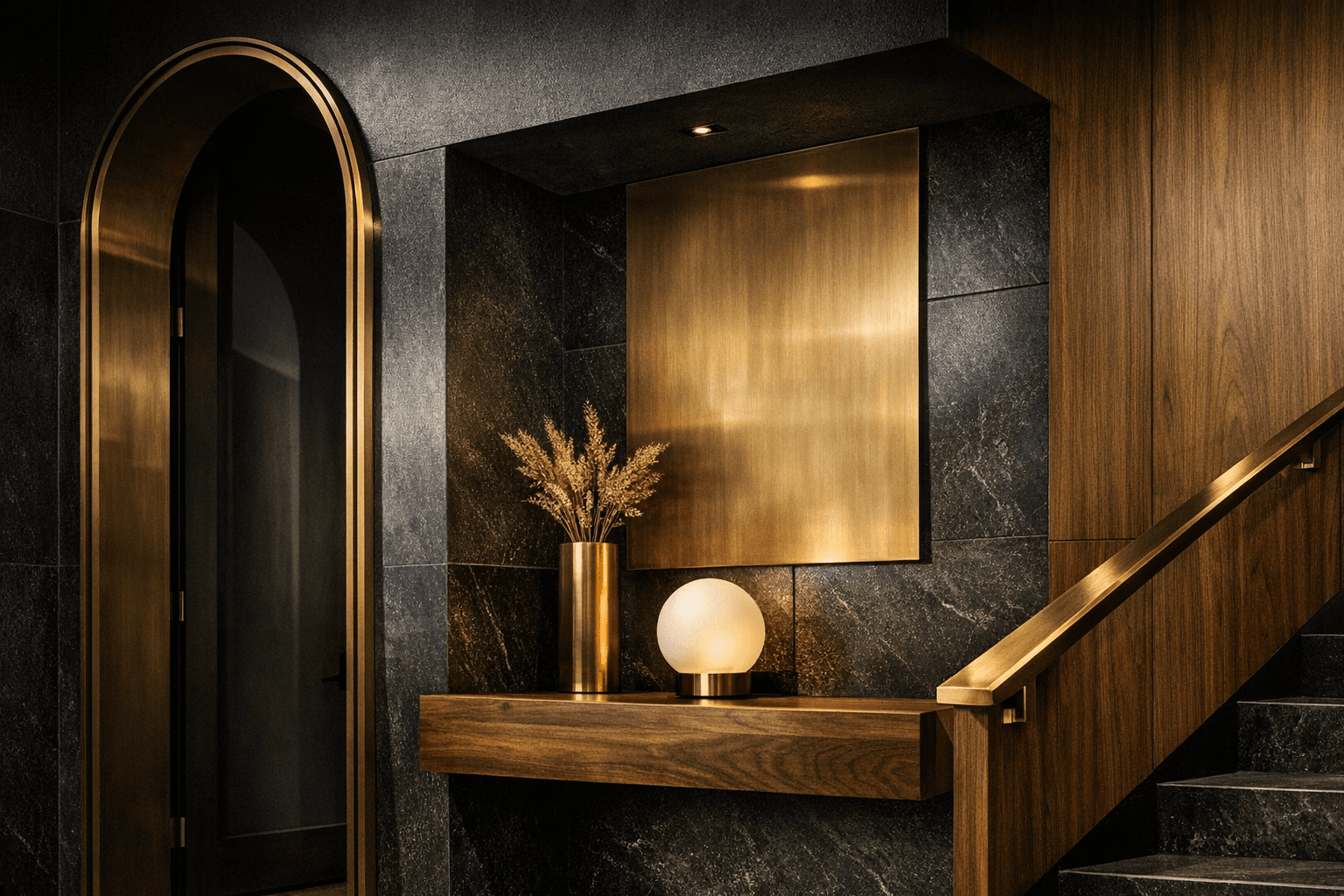 Luxury residential interior design mood board with architectural elements and material samples