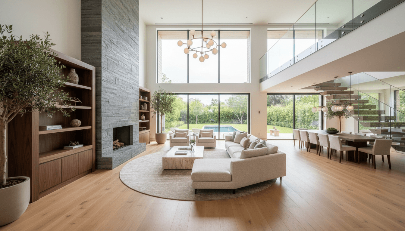 Spacious modern living room with stone wall and warm hardwood flooring