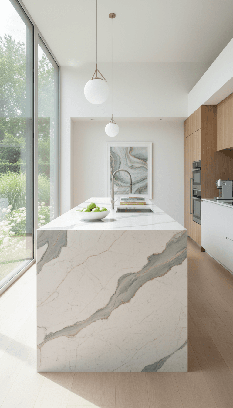 Stone countertop slab in a bright kitchen