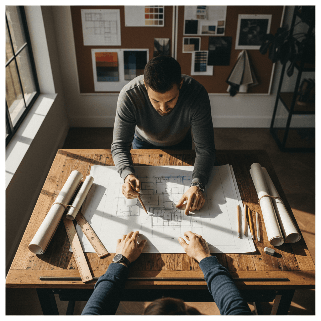 Professional architect reviewing renovation plans and blueprints at bright workspace