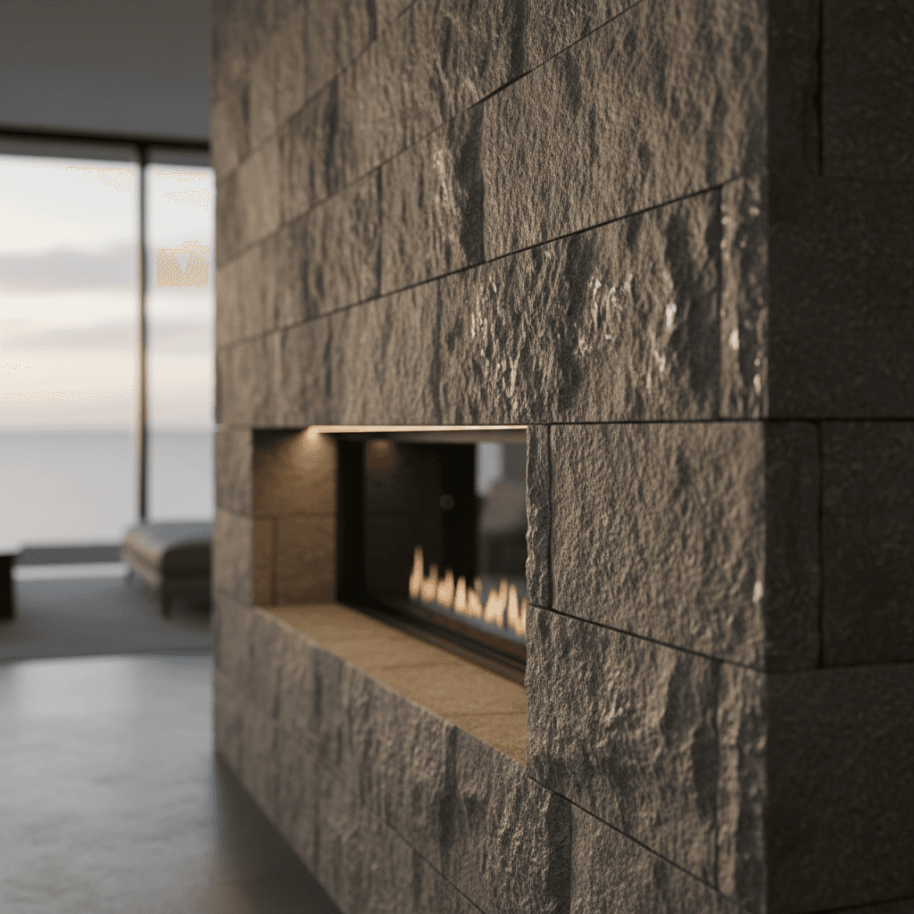 Modern home interior with custom stone fireplace and architectural detailing