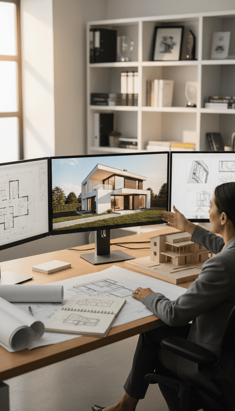 Designer reviewing architectural plans and 3D renderings for residential project