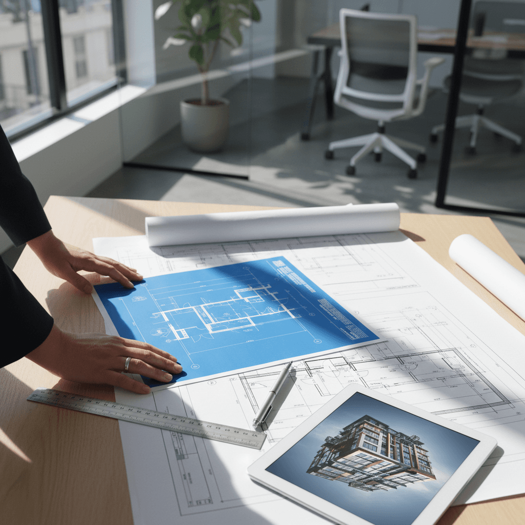 Professional designer reviewing architectural plans and project materials